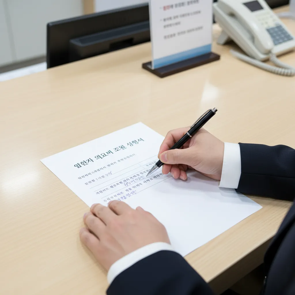 "한 사람이 보건소 창구에서 암 환자 의료비 지원 신청 서류를 작성하고 있는 손 클로즈업 이미지"
