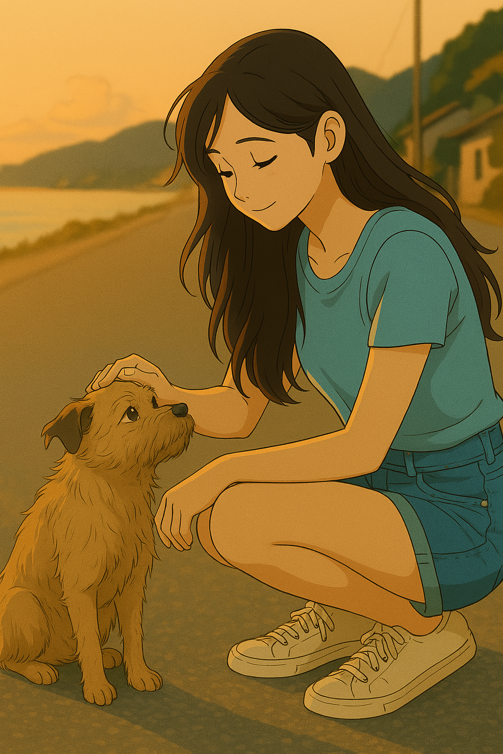 노을 진 해안도로에서 강아지를 쓰다듬는 지브리풍 일러스트 소녀