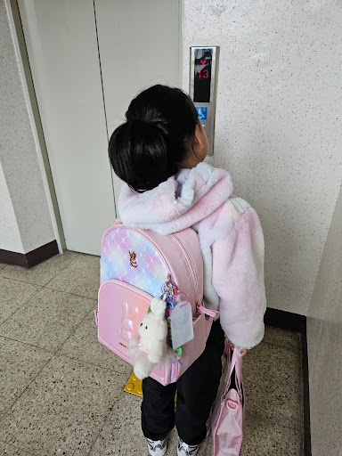 초등학교 1학년 아이가 책가방을 메고 학교로 걸어가는 뒷모습 사진.