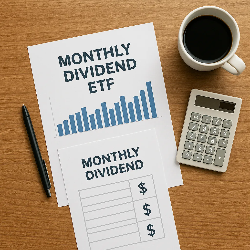 배당 ETF 서류와 계산기&amp;#44; 커피가 놓인 책상