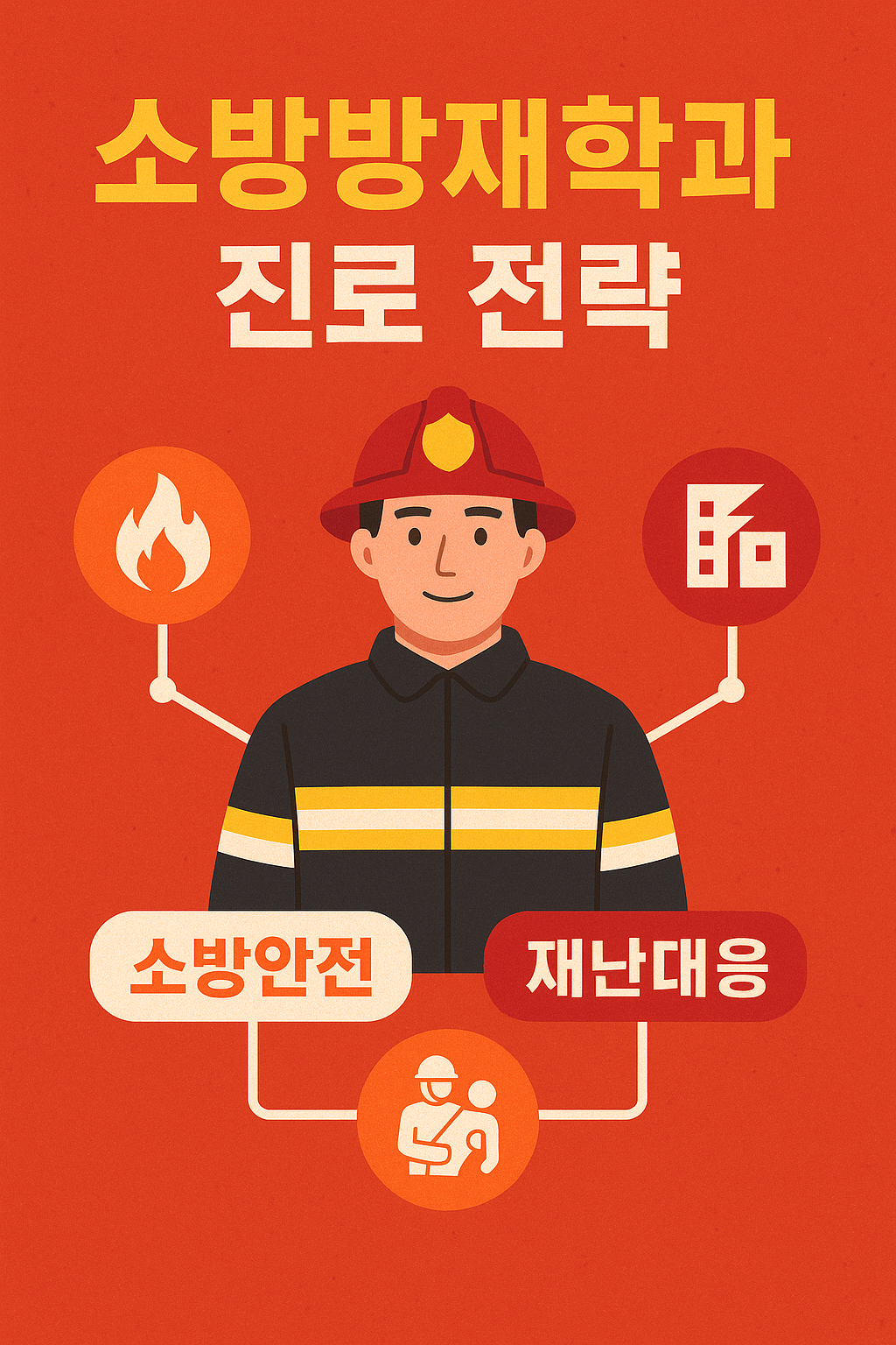 소방방재학과 진로 전략 포스터. 다양한 색상의 배경과 글씨를 사용해 소방관이 중심에 있고, '소방안전', '재난대응', '구조활동'을 나타내는 아이콘이 연결되어 있음