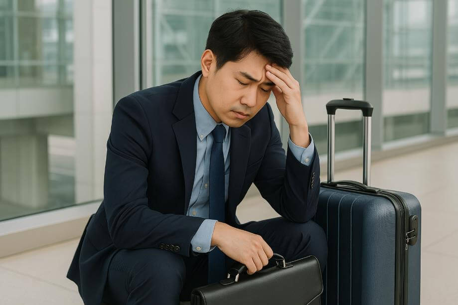 공항에서 가방 옆에 앉아 좌절한 남성