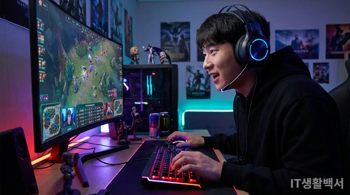 극강의 몰입감을 선사하는 게이밍 주변기기로 게임을 즐기는 한국인 게이머