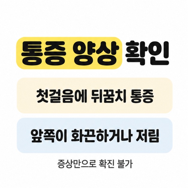 첫걸음의 뒤꿈치 통증과 앞쪽의 화끈거림 또는 저림을 비교하고 증상만으로 확진할 수 없다고 표시한 안내