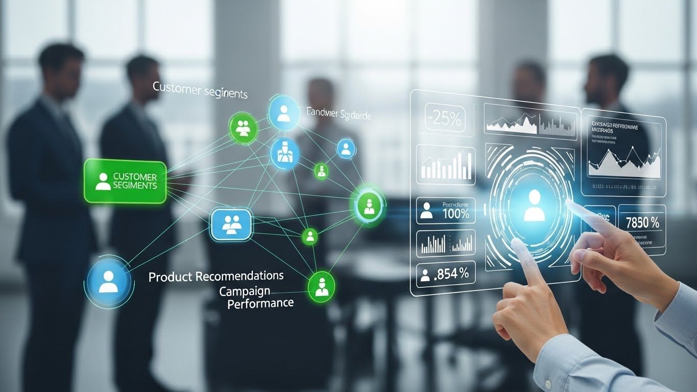 상호 연결된 노드와 플로우 라인을 보여주는 추상적이면서도 명확한 데이터 시각화로, 개인화된 마케팅을 위해 분석 중인 고객 데이터를 나타냅니다.