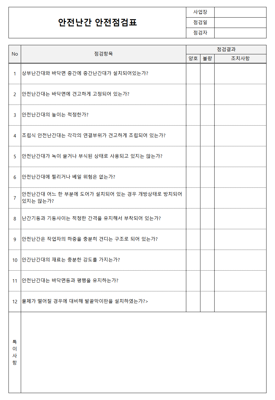 안전난간 안전점검표