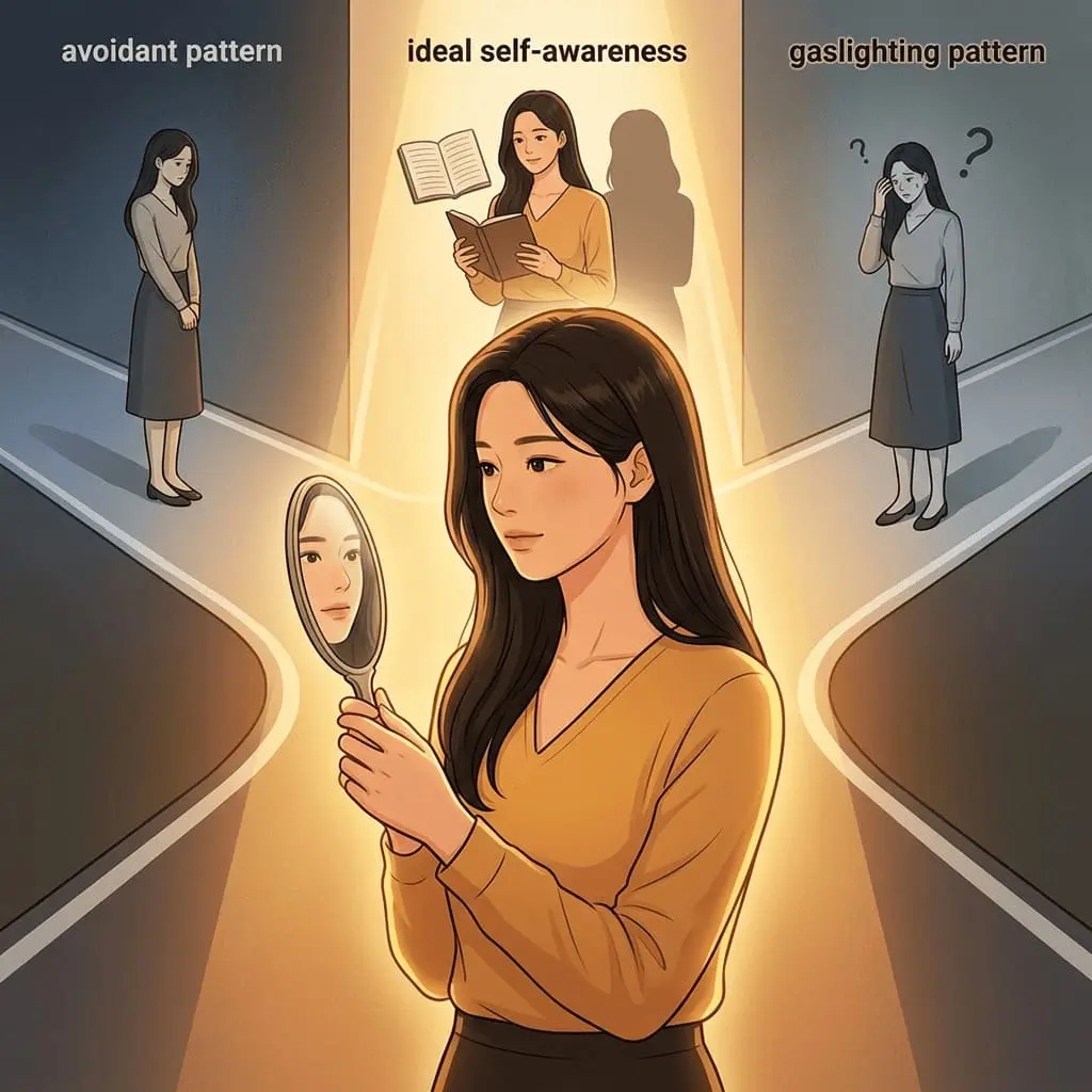 회피형 패턴(Avoidant Pattern)과 가스라이팅 패턴을 구별하고 자기 인식을 회복하는 여성의 심리 장면