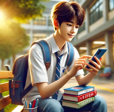 학생이 스마트폰을 하고 있는 모습