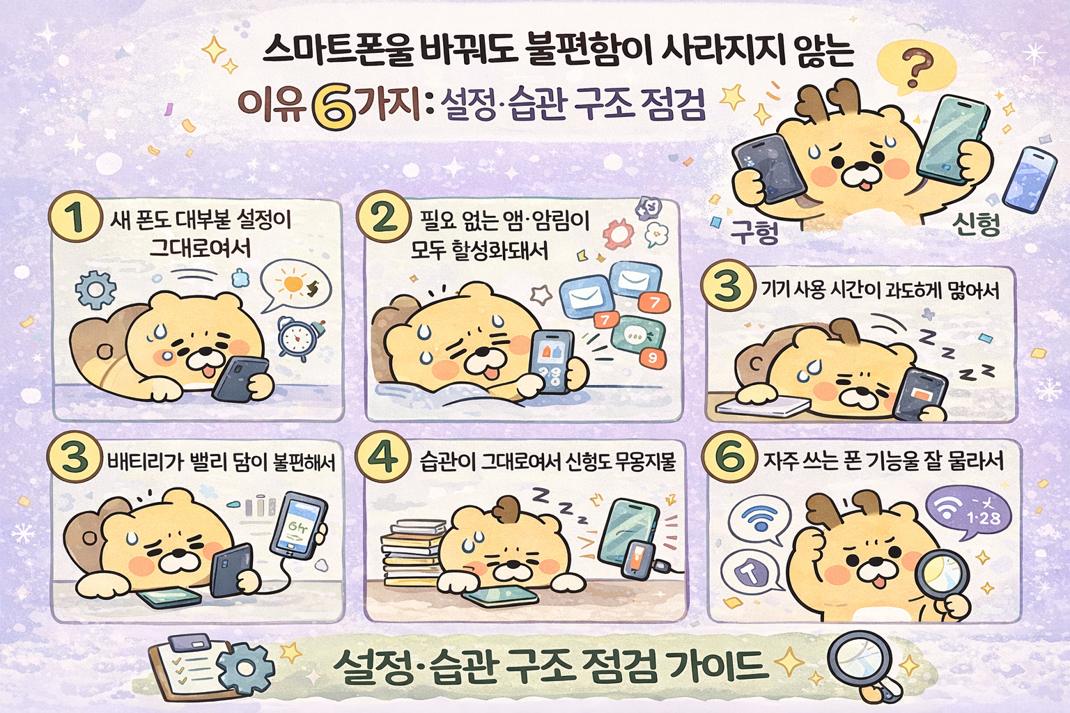 스마트폰을 바꿔도 불편함이 사라지지 않는 이유를 설정과 사용 습관 관점에서 설명한 인포그래픽