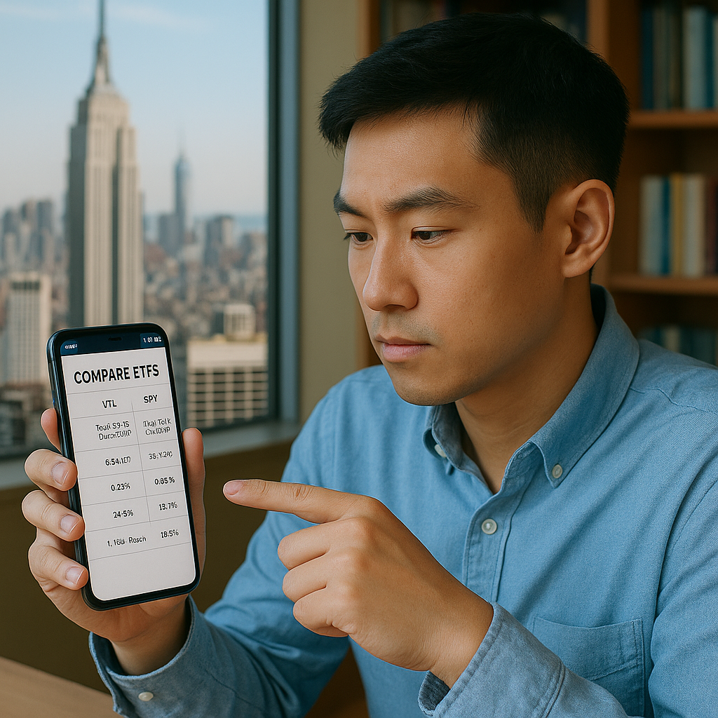 해외 주식에 투자하는 젊은 투자자가 스마트폰으로 ETF 종목을 비교하고 있는 모습