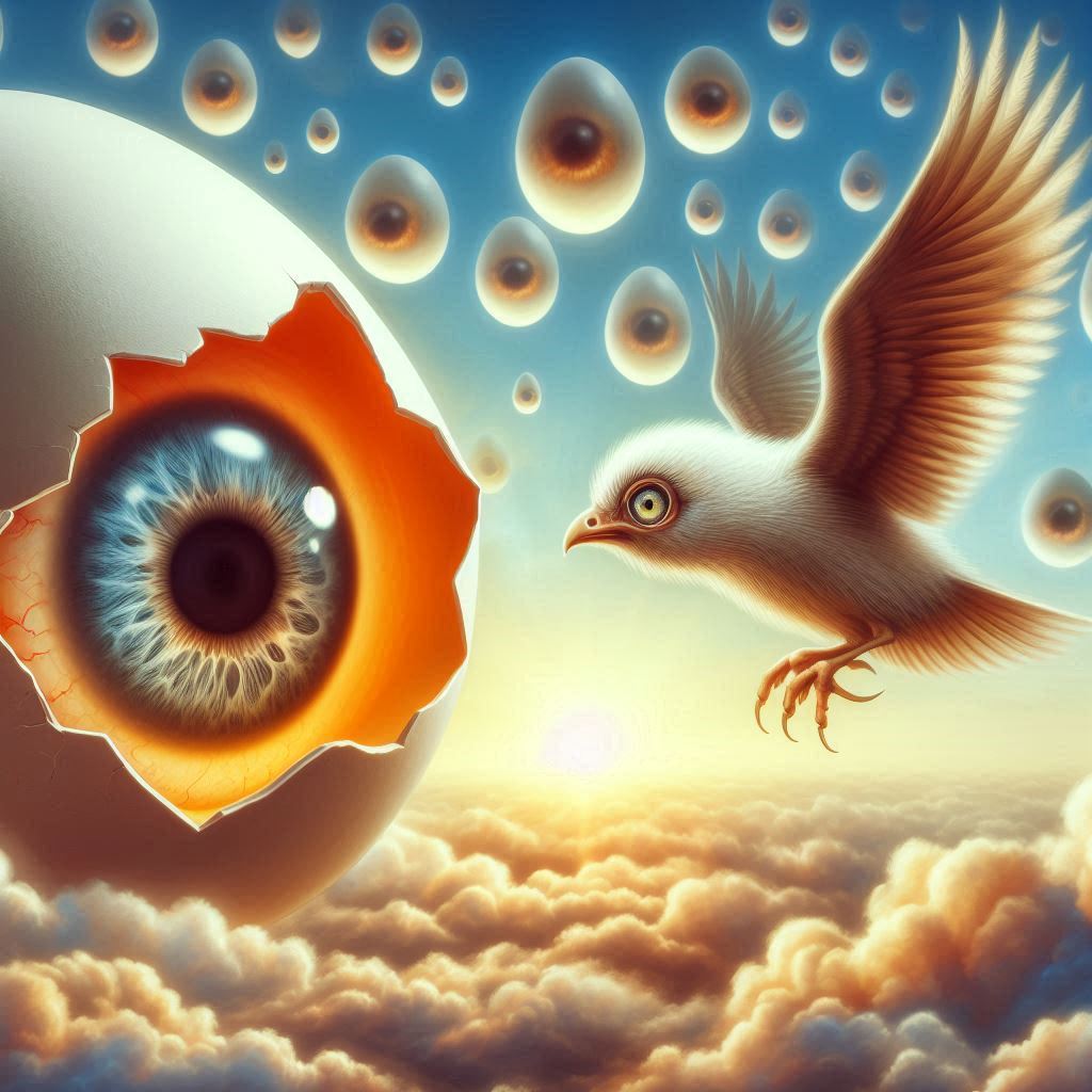 하늘에 떠다니는 거대한 눈과 계란에서 나오는 환상적인 새, 살바도르 달리 초현실주의 스타일로, 무의식의 시각화, 꿈과 현실의 경계, 변형과 탄생의 상징, 정밀한 묘사