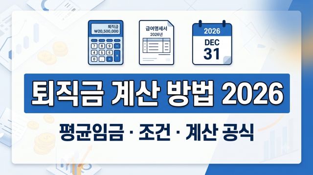 2026년 퇴직금 계산 방법과 평균임금 계산 공식, 퇴직금 수급 조건을 설명하는 이미지
