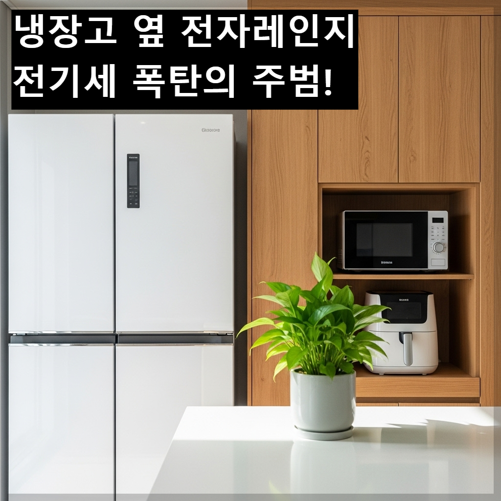 한국식 아파트 주방에 냉장고와 전자레인지 수납장이 나무 파티션과 식물로 분리되어 있어 안전하고 조화로운 인테리어 모습