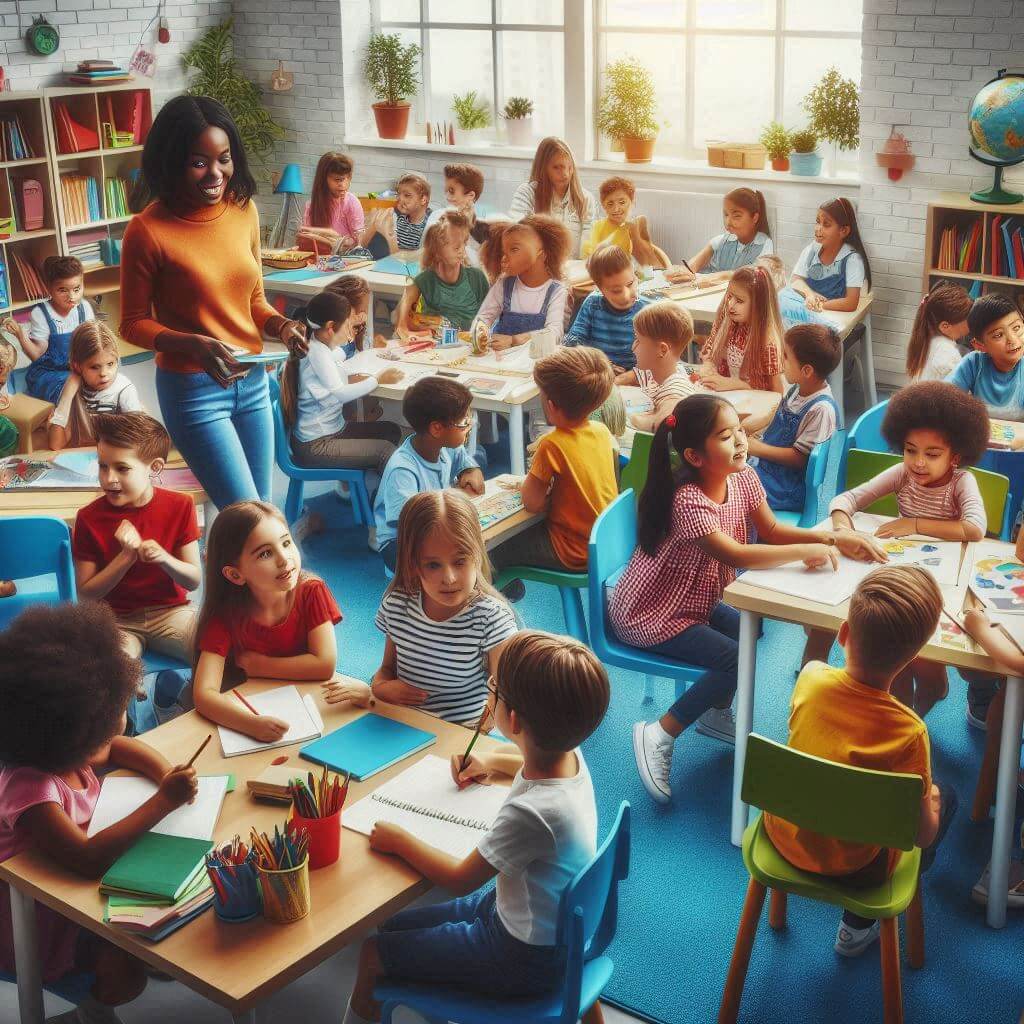 학교에서-수업중인-아이들과-선생님