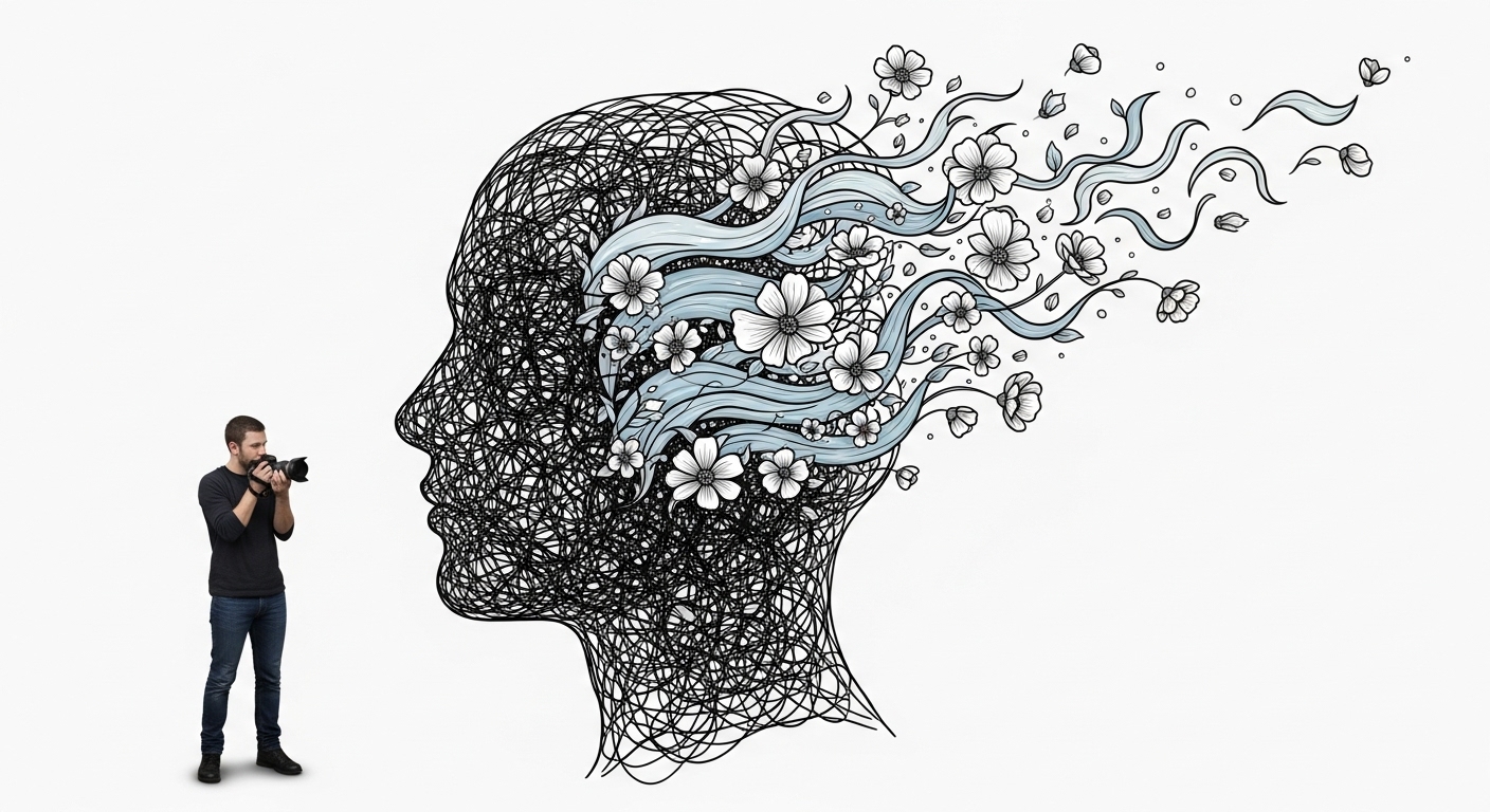 사람의 머리 실루엣 안에서 엉켜있던 선들이 독서를 통해 질서 있고 아름다운 패턴으로 변해가는 과정을 추상적으로 표현한 이미지.