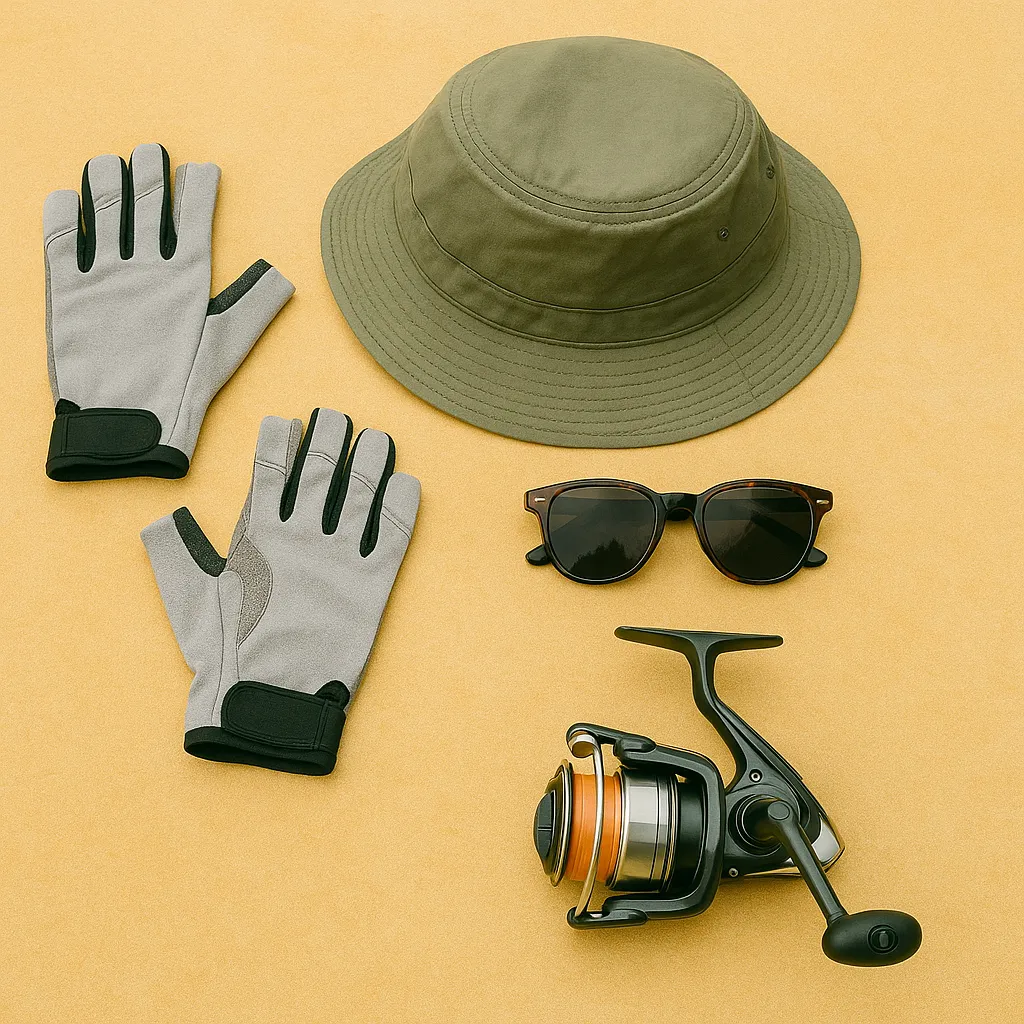 낚시장갑&amp;#44; 모자&amp;#44; 릴&amp;#44; 선글라스를 담은 여름 낚시 장비 평면 구성