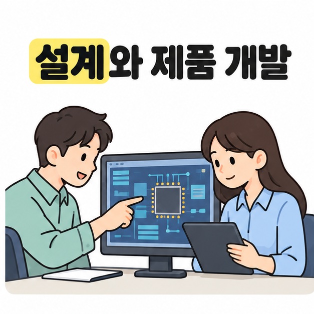 설계와 제품 개발이라는 문구 아래 두 설계자가 모니터의 칩 그림과 태블릿을 함께 확인하는 모습