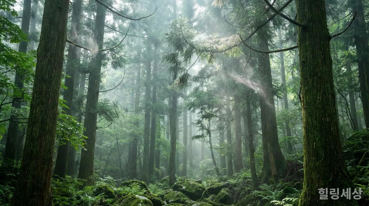 숲속에서 피톤치드와 음이온이 느껴지는 상쾌하고 맑은 공기