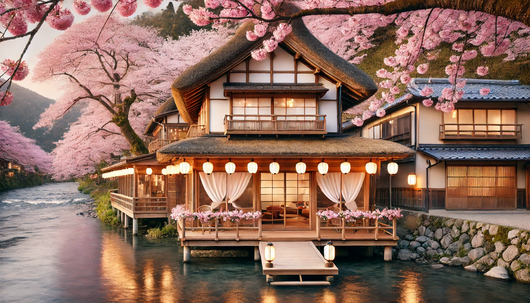일본의 벚꽃이 만개한 강변과 바다 전망을 가진 숙소