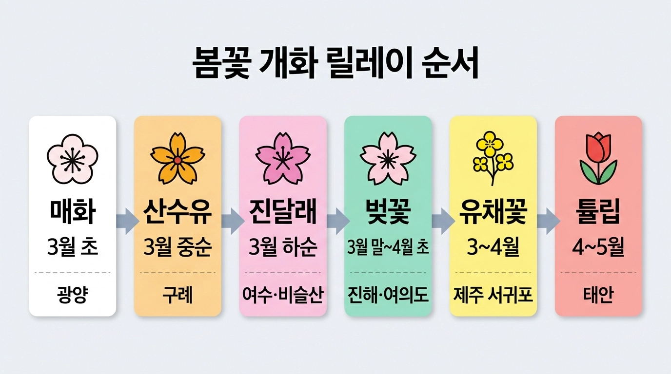 2026 봄꽃 종류별 개화 순서 매화 산수유 진달래 벚꽃 유채꽃 튤립 릴레이 인포그래픽