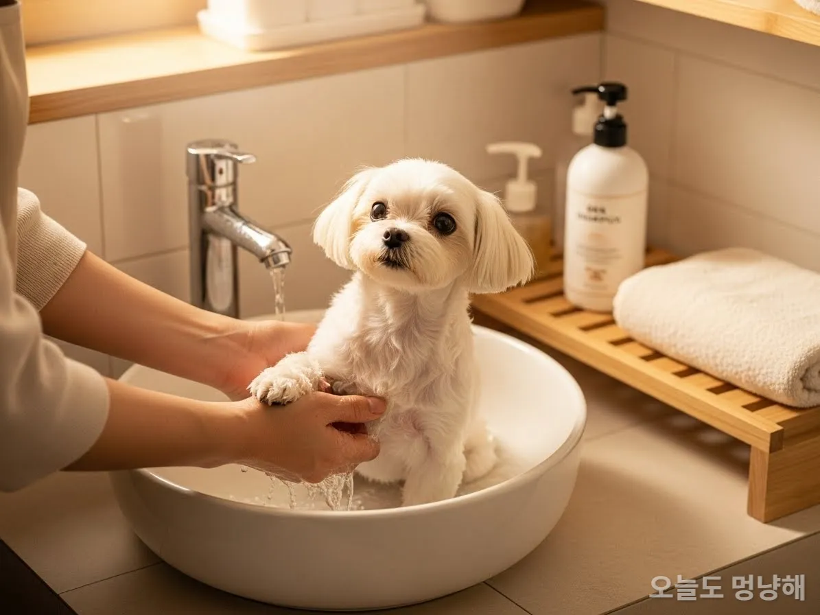 미지근한 물로 강아지 발을 부드럽게 씻겨주는 보호자의 손길
