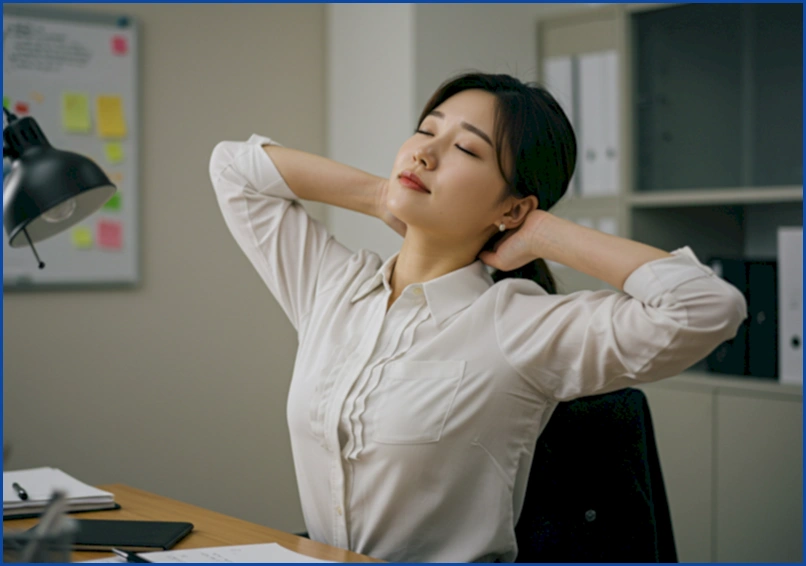긴장성 두통 완화를 위해 목과 어깨 스트레칭을 하는 30대 한국인 직장인 여성의 모습.