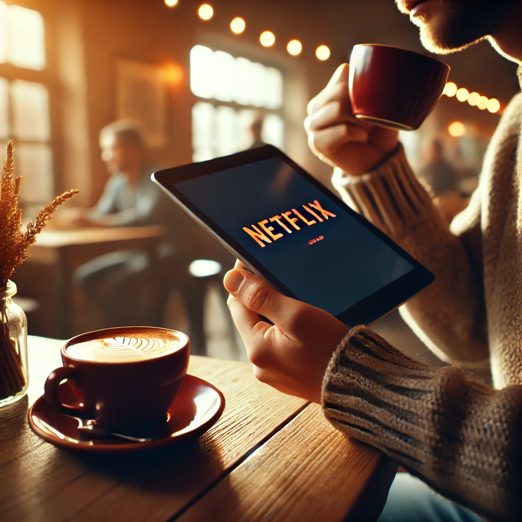 카페에서 태블릿으로 넷플릭스를 즐기는 사람