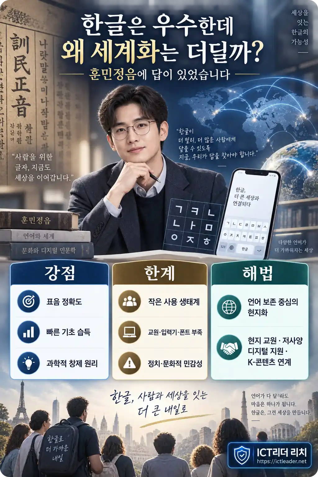 한글 세계화의 강점과 한계 및 현지화 해법을 비교한 남성 전문가 인포그래픽
