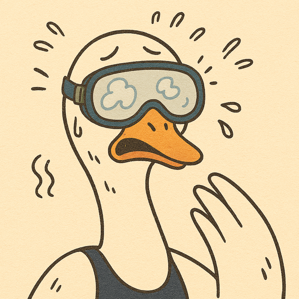 수경에 김이 잔뜩 서려서 앞이 안보이는 백조가 당황한 모습