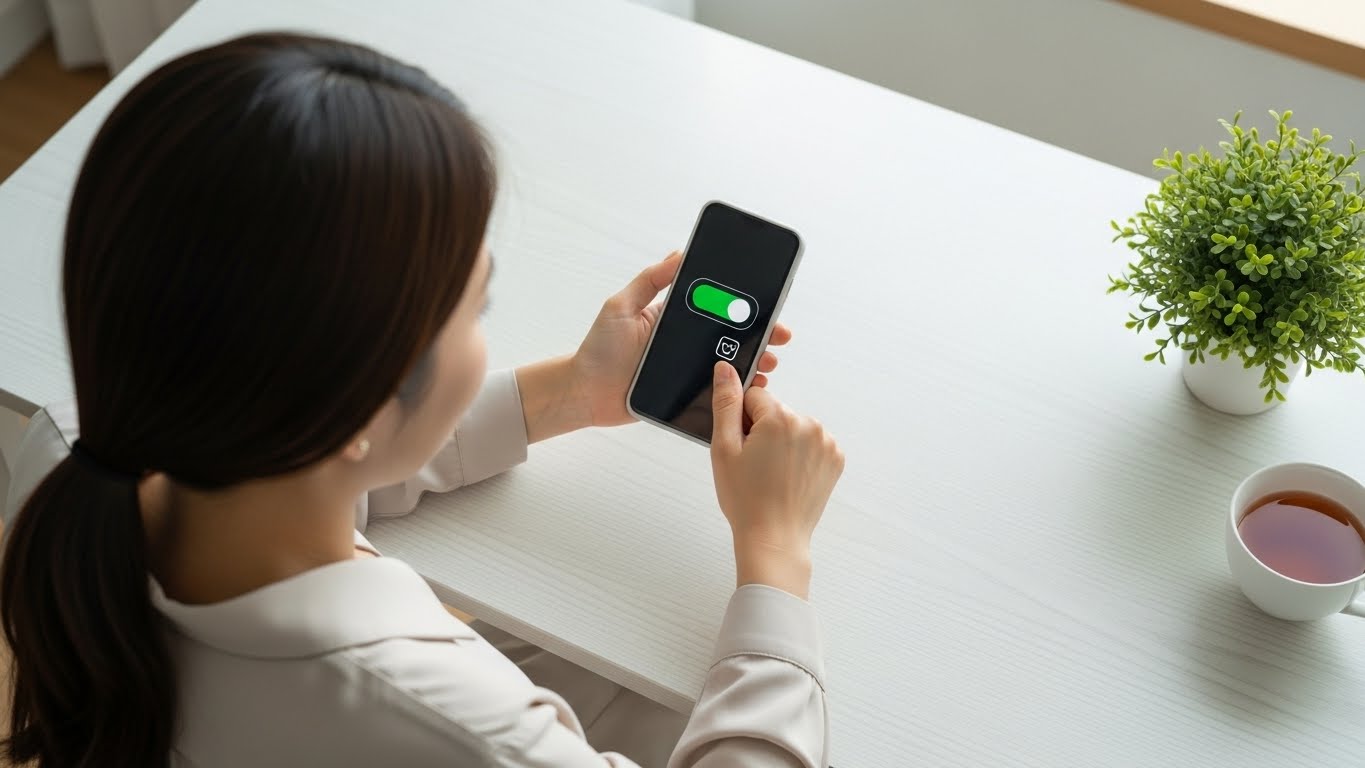 스마트폰 설정에서 불필요한 알림을 과감히 끄고 주도권을 회복하려는 한국 여성의 모습