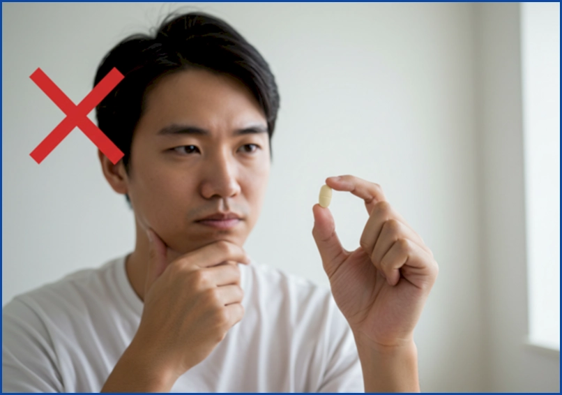 타이레놀 내성 걱정을 하는 듯한 사람이 약을 들고 있으며, 배경에는 내성이 없음을 상징하는 'X' 표시가 흐릿하게 보이는 이미지.