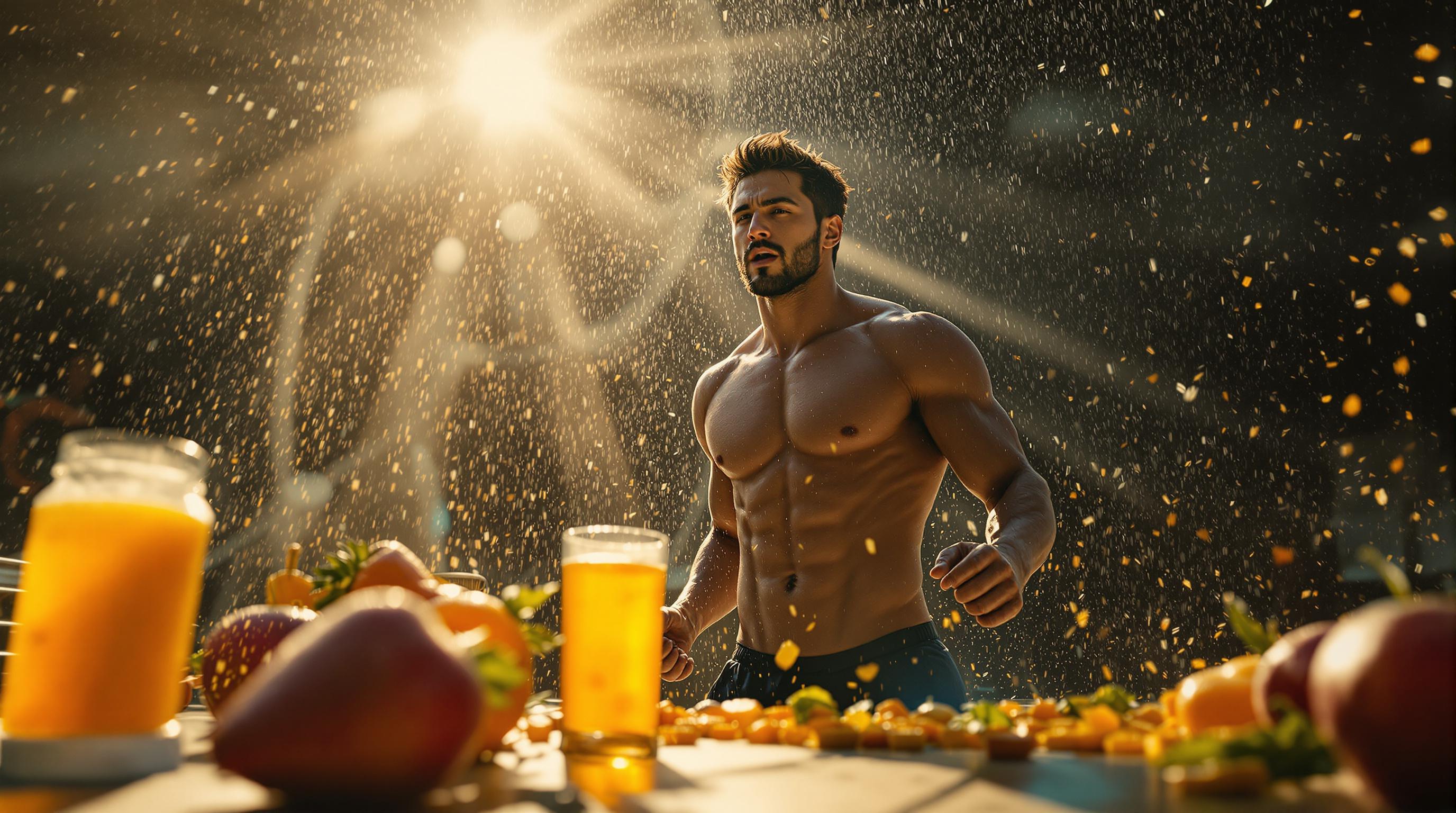 태양 아래에서 운동하는 사람들과 과일 주스, 땀 흘리는 모습이 함께 있는 이미지