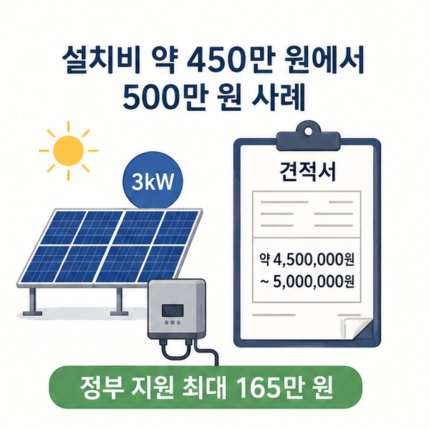가정용 태양광 3kW 설치비와 정부 지원금 최대 165만 원을 함께 비교하는 그림