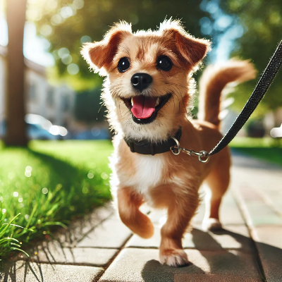 산책하는 행복한 표정의 강아지