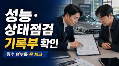 중고차 성능&middot;상태점검기록부의 침수 항목과 차량번호&middot;차대번호를 확인하는 이미지