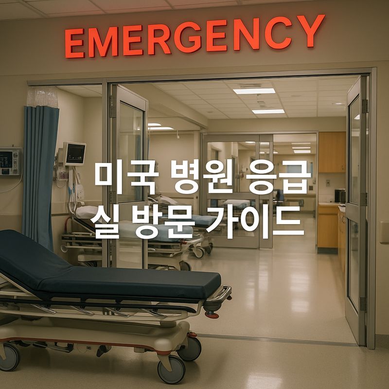 응급실 문 앞에 환자용 침대가 비치되어 있고, 'EMERGENCY'라는 빨간 네온사인이 상단에 켜져 있다. 화면 중앙에는 &lsquo;미국 병원 응급실 방문 가이드&rsquo;라는 문구가 보인다