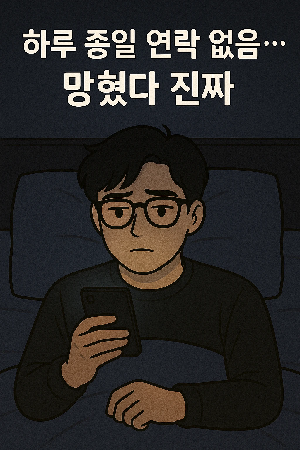 어두운 방에서 혼자 자책하며 핸드폰을 보는 관식의 모습