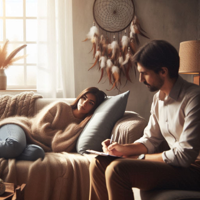 남자가 소파에 앉아 꿈의 해석을 기록하고 있는 모습