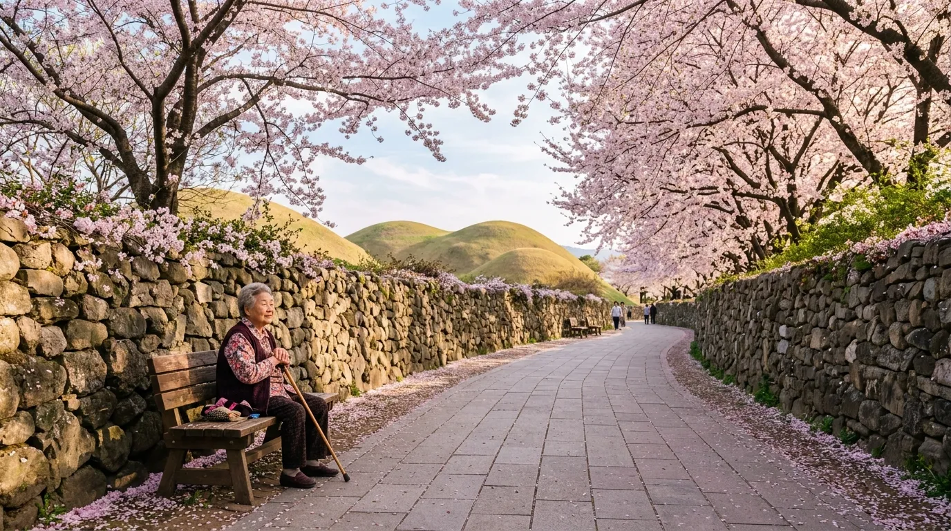 경주 대릉원 돌담길 봄꽃 풍경