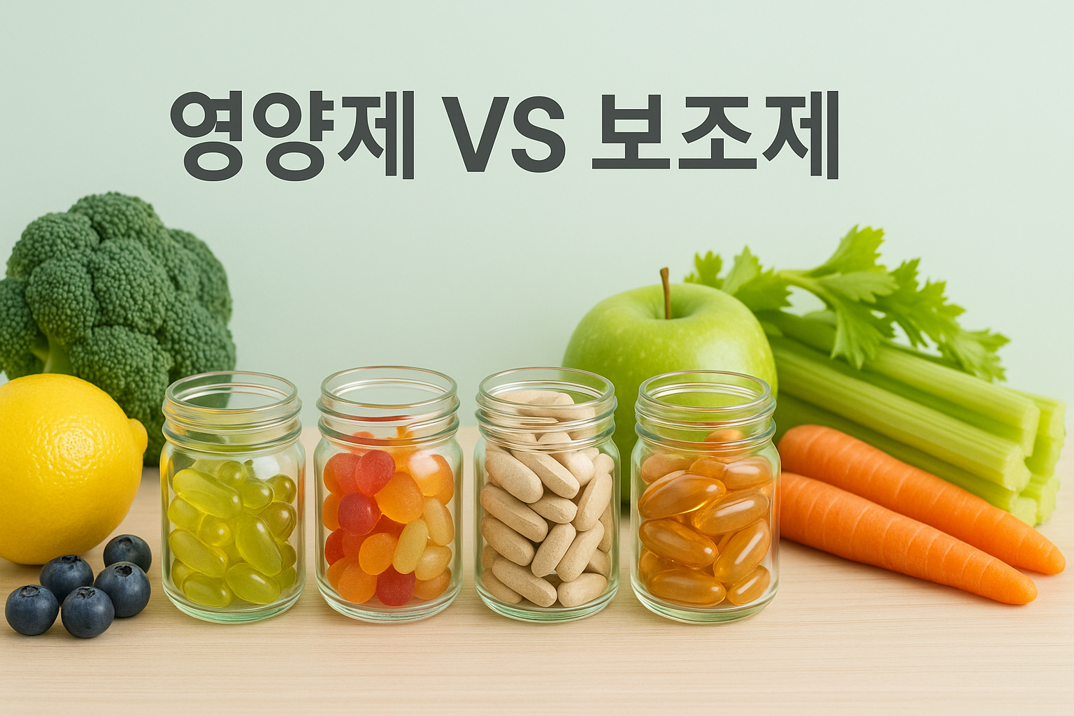 다이어트 영양제와 보조제가 깔끔하게 정리된 테이블 위 모습