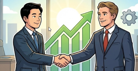 희망적인 상승 곡선을 그리며 악수하는 한미 경제인