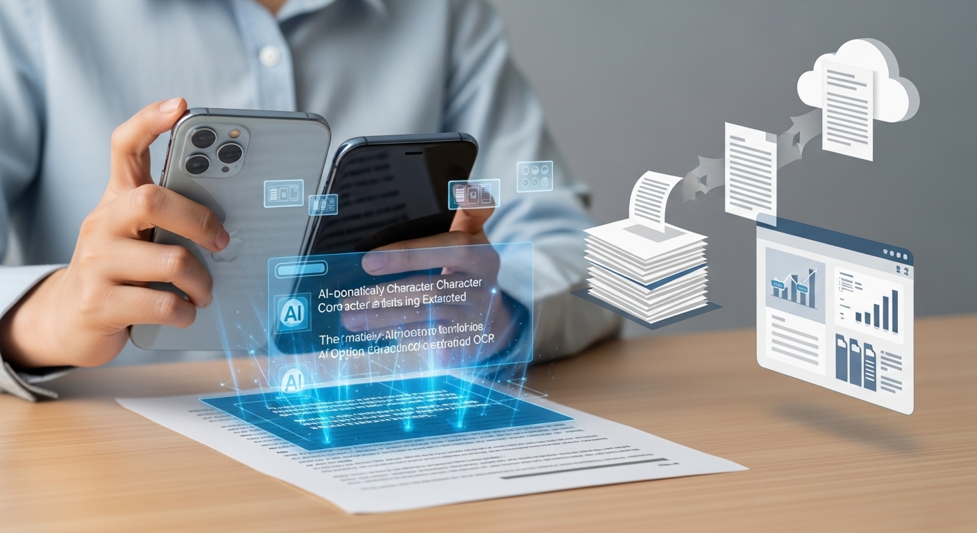 AI 기반 스마트폰으로 문서를 스캔하고 텍스트를 추출하여 디지털화하는 모습.