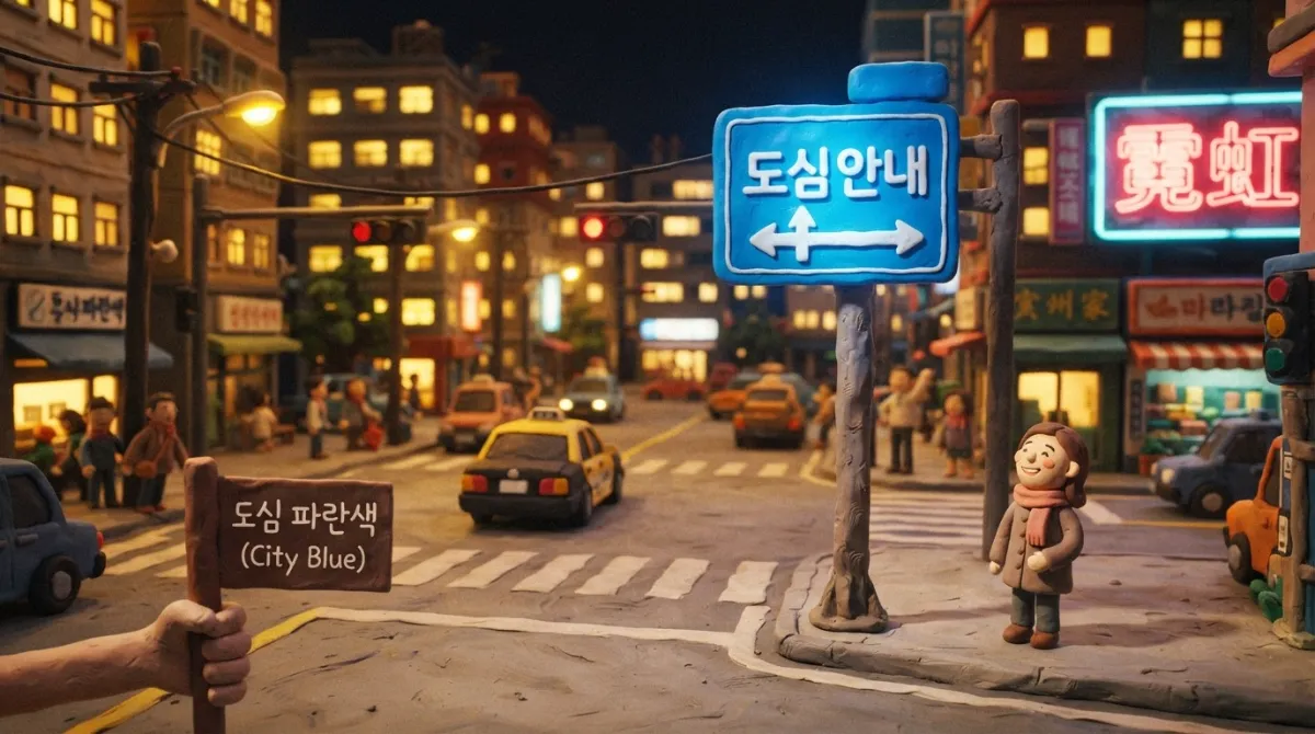 네온사인과 가로등 불빛이 가득한 점토 도심 교차로 한복판에서 푸른빛을 발하는 파란색 이정표를 올려다보는 미소 짓는 클레이 보행자의 아드만 애니메이션