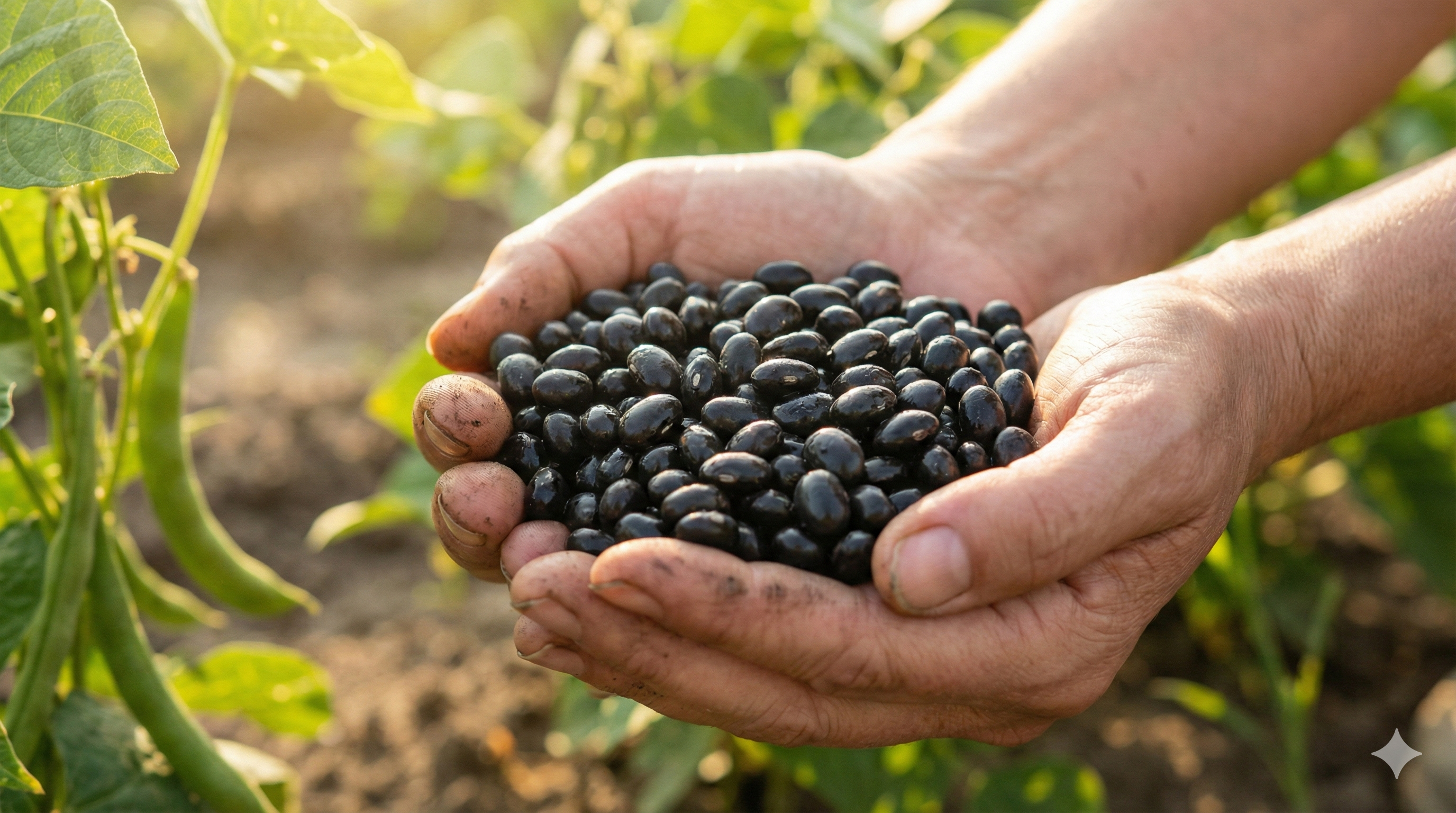 두 손을 모아 그 안에 갓 수확한 검은콩(서리태)을 한 가득 담고 있습니다.