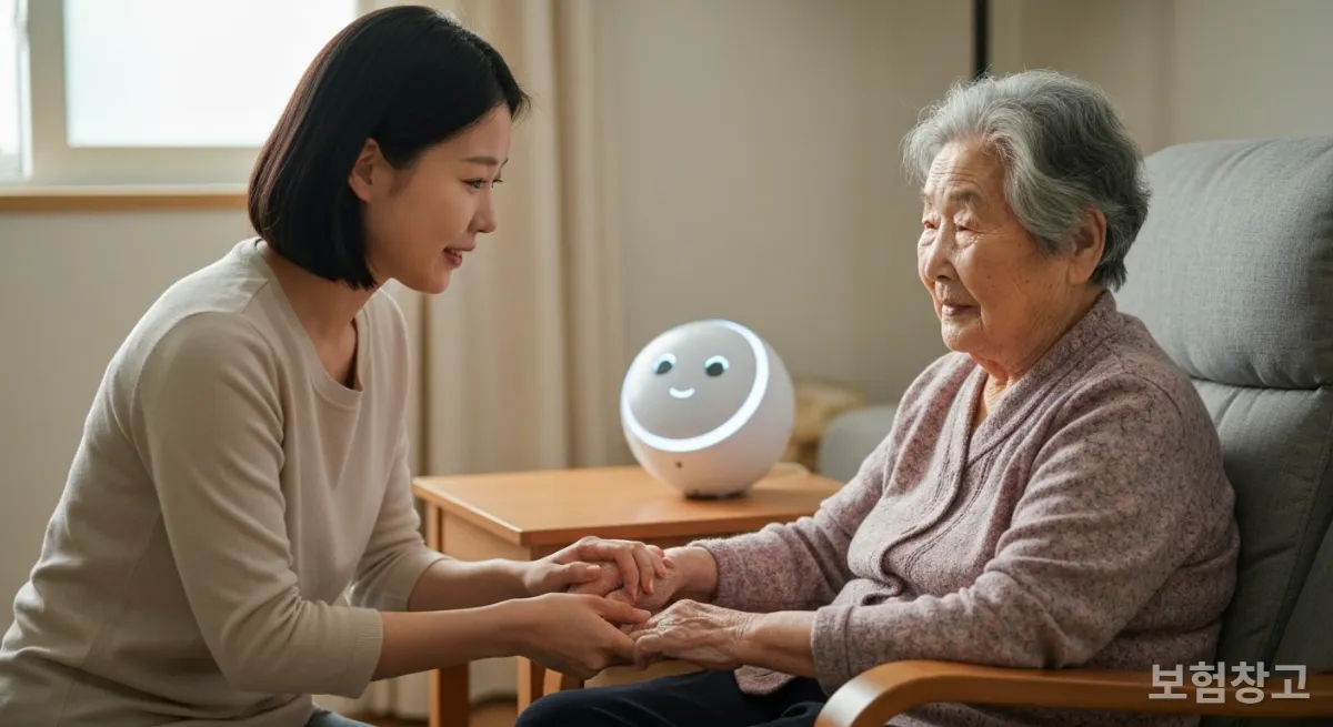 AI 돌봄 로봇이 있는 공간에서 손을 잡고 있는 한국인 여성과 시니어 여성