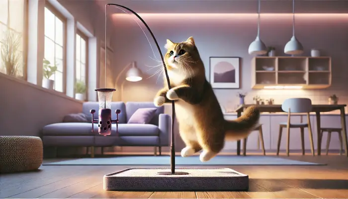 낚싯대 장난감을 향해 점프하는 고양이, 보라색 조명의 안전한 놀이 공간에서 포착된 순간