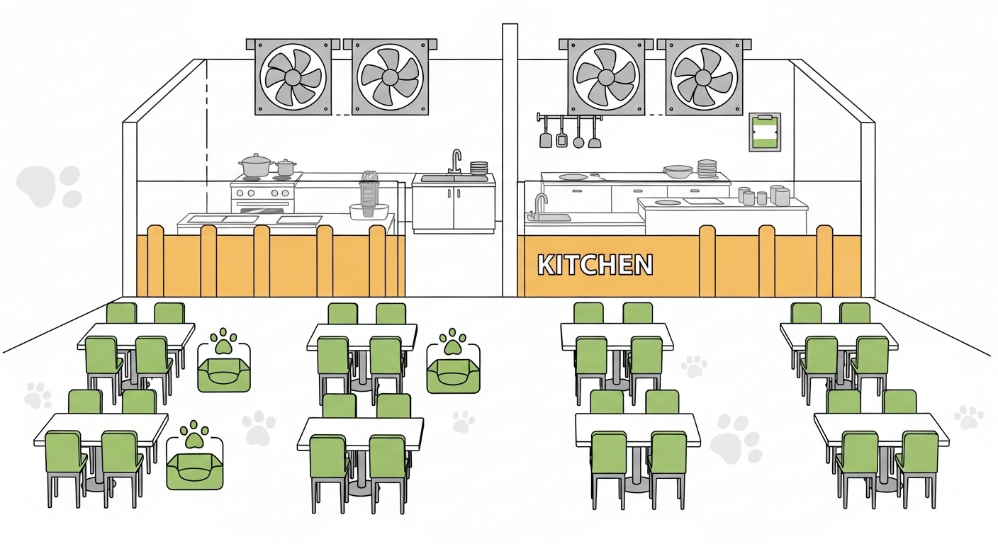 반려동물 동반 음식점의 위생 가이드라인을 보여주는 그림. 조리 공간이 분리되어 있고 환기 시설이 강조되어 있다.