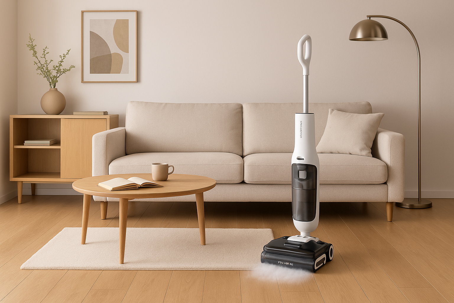 거실에 세워진 로보락 F25 울트라 스팀 물걸레 청소기&amp;#44; 깔끔한 인테리어와 함께 연출된 이미지
