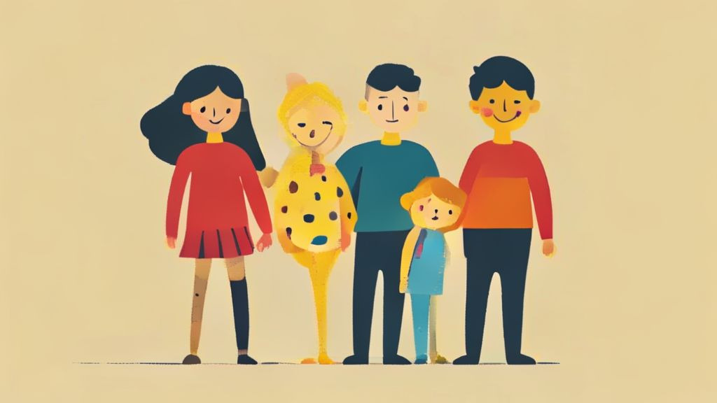 두 명의 부모와 세 명의 자녀로 구성된 다자녀 가족 일러스트