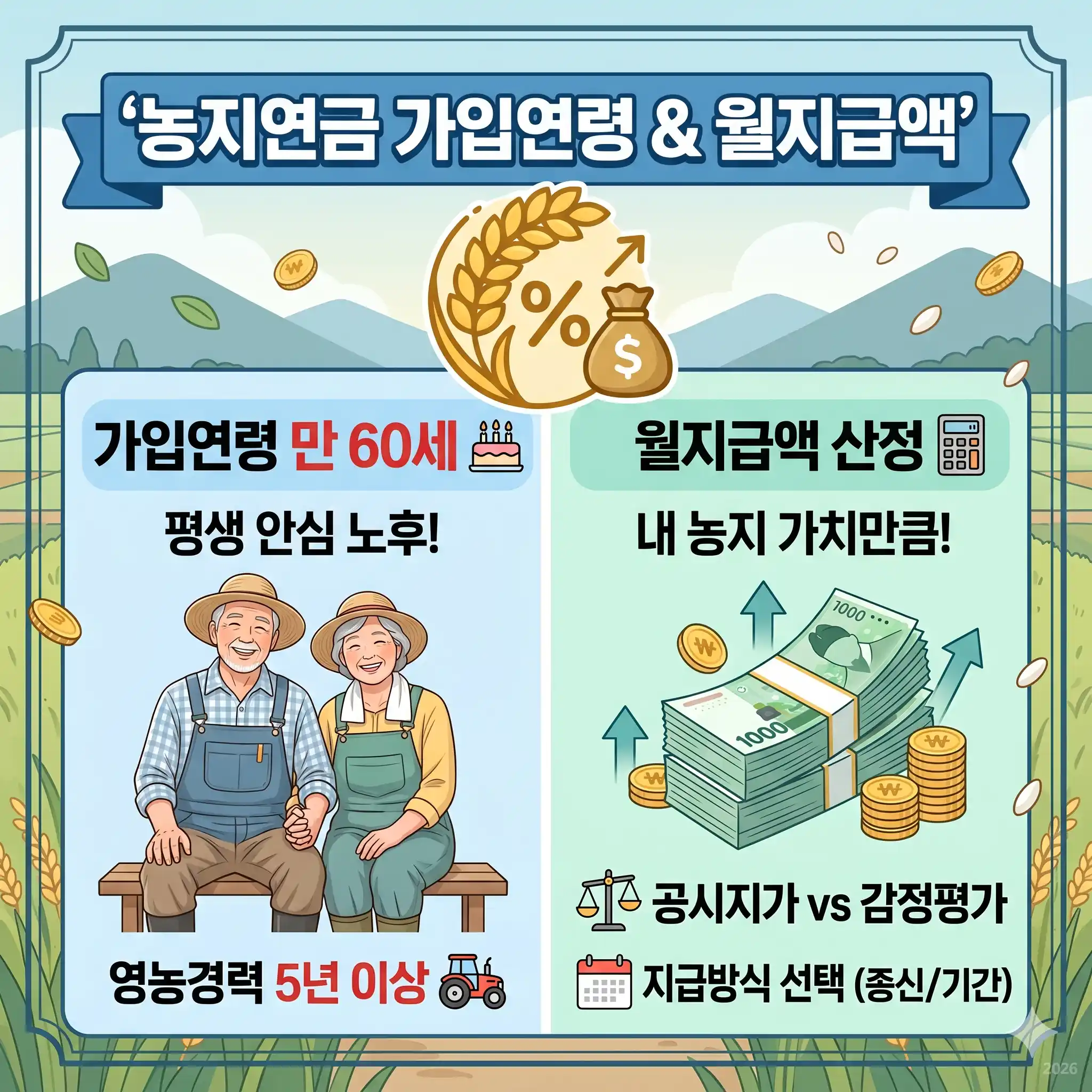 농지연금 가입연령 만 60세 이상, 필수 영농경력 5년 조건과 공시지가 감정평가 기준별 월지급액 한도 산정 방식이 요약된 블로그 정방향 썸네일 이미지